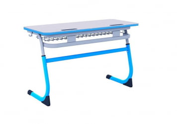 Парта двухместная регулируемая по высоте СМАРТЙ с углом наклона столешницы и антивандальной полиуретановой кромкой (рост 5-7) Голубой/Серый / SMARTY