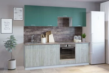 Гарнитур кухонный 2400 (врезная мойка) супермат бирюза/береза сильвер