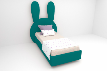 Детская кровать &куот;Зайка&куот; с ортопедическим основанием Цвет фасада: Бирюзовый; Цвет корпуса: Бирюзовый; Материал фасада: Металл/Велюр; Размер: 800х2000 мм; Спальное место: 800х2000 мм / "Зайка"
