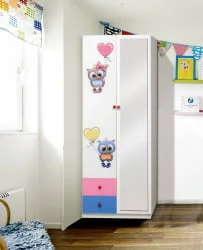 Шкаф 2-х дверный с ящиками и фотопечатью Совята 2.2 Белый/Лайм/Синий