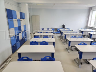 Парта двухместная Де Гласси Н (рост 3-5)  ЛДСП Серый/ Металл Серый+Синий