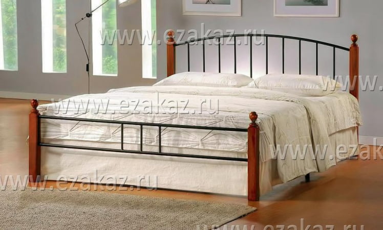 Кровать AT-915 дерево гевея/металл, 160*200 см (Queen bed), красный дуб/черный_2