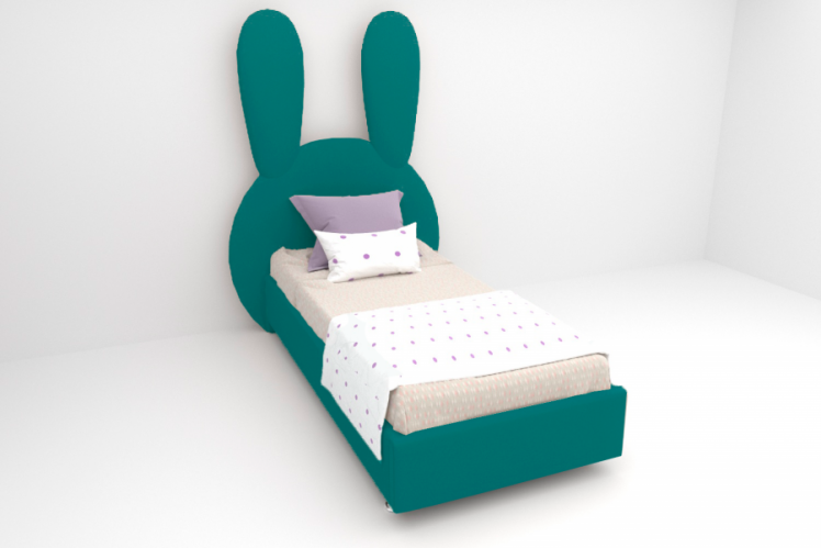 Детская кровать "Зайка" с ортопедическим основанием Цвет фасада: Бирюзовый; Цвет корпуса: Бирюзовый; Материал фасада: Металл/Велюр; Размер: 1200х2000 мм; Спальное место: 1200х2000 мм _0