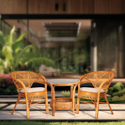 Террасовый комплект ПЕЛАНГИ (стол со стеклом + 2 кресла) / с подушками / ротанг, кресло 65х65х77см, стол диаметр 64х61см, Хоней (мед) / PELANGI Honey_10