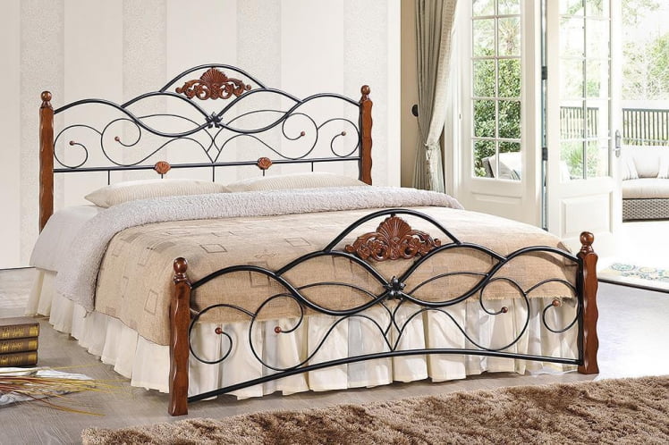 Кровать CANZONA дерево гевея/металл, 160*200 см (Queen bed), красный дуб/черный_1