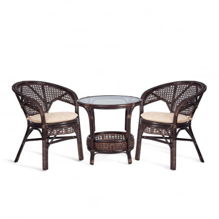 Террасовый комплект ПЕЛАНГИ (стол со стеклом + 2 кресла) / с подушками / ротанг, кресло 65х65х77см, стол диаметр 64х61см, валнут (грецкий орех) / PELANGI walnut_0