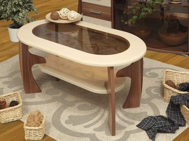 Стол журнальный Маджеста-2 с пескоструйным рисунком Ясень Шимо темный/Ясень Шимо светлый_0