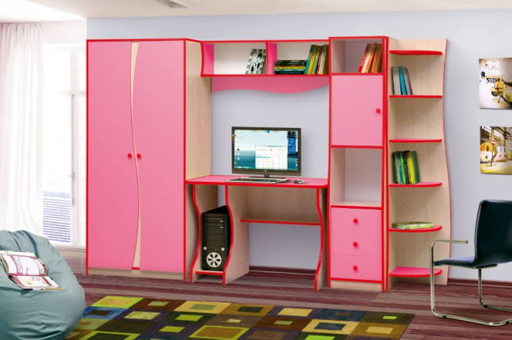 Набор модульной мебели для детской комнаты Юниор-11.3 Дуб молочный/Ярко-розовый_0
