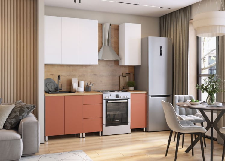 Кухня Деми 1,6 м, белый/белый снег/терракот/дуб бунратти №100Ш_0